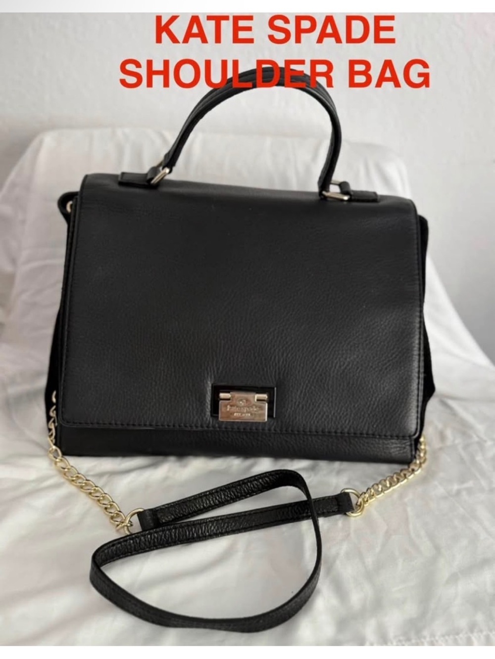 kate spade Black Leather Shoulder Bag with Gold Chain